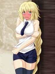  akashiro_sen blonde_hair blush braid breasts commentary_request fate/apocrypha fate/stay_night fate_(series) female jeanne_d&#039;arc_(fate) jeanne_d&#039;arc_(girl_from_orleans)_(fate) large_breasts long_hair necktie sideboob single_braid solo thighhighs very_long_hair 