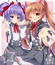  2girls :&lt; ;d absurdres ahoge aloe_(quiz_magic_academy) animal_ears bad_id bad_pixiv_id black_jacket blush bow bowtie brown_hair buttons cat_ears center_frills commentary_request detached_sleeves double-breasted fingernails frilled_skirt frills funakoshi grey_skirt hair_between_eyes hairbow head_tilt high-waist_skirt highres jacket long_hair long_sleeves looking_at_viewer multiple_girls myu_(quiz_magic_academy) one_eye_closed open_clothes open_jacket open_mouth outstretched_arm parted_lips puffy_long_sleeves puffy_sleeves purple_eyes purple_hair quiz_magic_academy red_bow red_bowtie shirt short_hair skirt smile star_(symbol) suspender_skirt suspenders triangle_mouth twintails two_side_up very_long_hair white_shirt 