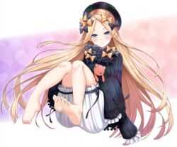  abigail_williams_(fate) barefoot black_bow black_dress black_hat blonde_hair bloomers blue_eyes blush bow bug butterfly closed_mouth commentary dress fate/grand_order fate_(series) feet female full_body hairbow hat head_tilt hugging_object long_hair long_sleeves looking_at_viewer orange_bow parted_bangs polka_dot polka_dot_bow shimo_(shimo_00) sitting sleeves_past_wrists smile soles solo stuffed_animal stuffed_toy teddy_bear underwear very_long_hair white_bloomers 