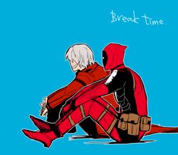  2boys bad_id bad_pixiv_id blue_background dante_(devil_may_cry) deadpool deadpool_(series) devil_may_cry_(series) fujisakingu grey_hair grin male_focus marvel marvel_vs._capcom marvel_vs._capcom_3 multiple_boys smile 