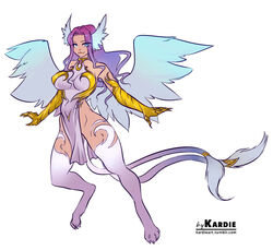  2_tails animal_humanoid blue_eyes clothed clothing feathered_wings feathers felid felid_humanoid female fur gradient_fur gradient_hair hair head_wings humanoid iridescent iridescent_feathers iridescent_wings kardie karna_the_sphinx_(kardie) light_body light_skin looking_at_viewer mammal mammal_humanoid multi_tail mythological_creature mythological_sphinx mythology purple_body purple_fur purple_hair solo sphinx_humanoid tail text url white_body white_fur wide_hips wings 