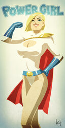  alien blonde_hair character_name cleavage_cutout clenched_hand dc_comics female fist flexing gloves kit kryptonian leotard pose power_girl red_cape short_hair smile solo wink 