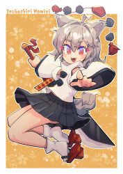  :d ahoge animal_ears black_skirt blush carte commentary_request detached_sleeves fangs female fingerprint full_body geta grey_hair hat hat_loss highres holding holding_sword holding_weapon inubashiri_momiji jumping leaf_print looking_at_viewer maple_leaf_print navel_peek open_mouth orange_background pom_pom_(clothes) red_eyes red_footwear reverse_grip shirt short_hair skirt sleeveless sleeveless_shirt smile solo sword tail tengu-geta tokin_hat touhou turtleneck turtleneck_shirt underbutt v-shaped_eyebrows weapon white_shirt white_sleeves wolf_ears wolf_girl wolf_tail 