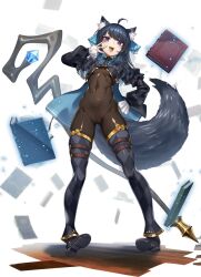  animal_ear_fluff animal_ears argyle_clothes argyle_shirt argyle_thighhighs black_hair blue_eyes book breasts cat_ears cat_girl chest_belt cluseller female floating floating_book floating_object floating_weapon hair_ornament highres levitation long_hair long_sleeves looking_at_viewer mage_staff multiple_weapons navel open_book open_mouth original red_eyes see-through_bodystocking shirt simple_background skirt smile solo staff svartlilja_(vrchat) tail telekinesis vrchat white_background 