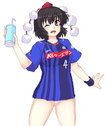  :d ;d alternate_costume breasts brown_hair commentary_request drink female hat isaki_(gomi) j._league looking_at_viewer medium_breasts mito_hollyhock one_eye_closed open_mouth panties pixel_art pom_pom_(clothes) racing_stripes red_eyes shameimaru_aya shirt short_hair smile solo thighs tokin_hat touhou underwear white_panties wristband 