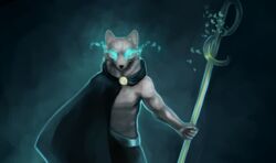  anthro canid canine cape clothed clothing front_view fur glowing glowing_eyes grey_body grey_fur happy-cat hi_res holding_object looking_at_viewer magic male mammal outline solo staff standing 