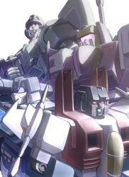  1980s_(style) 4boys astrotrain blitzwing cannon commentary_request decepticon mecha mechanical_wings multiple_boys no_humans open_mouth red_eyes retro_artstyle robot smile soundwave_(transformers) standing starscream transformers transformers:_generation_1 uryoho_(ri-land702) weapon wings 