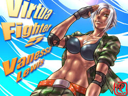  abs alternate_hair_length alternate_hairstyle belt between_breasts breasts camouflage character_name copyright_name dark-skinned_female dark_skin dog_tags elbow_pads female fingerless_gloves gloves grey_eyes jacket large_breasts lips narrow_waist nikuji-kun open_clothes open_jacket photoshop_(medium) salute short_hair silver_hair sleeves_rolled_up solo toned vanessa_lewis virtua_fighter virtua_fighter_5 