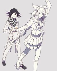  1boy bell bell_collar belly bow braid chabashira_tenko checkered_scarf choker dancing danganronpa duo female hairband long_hair midriff min miniskirt mole new_danganronpa_v3 ouma_kokichi pants purple_hair ribbon sad sandals scarf school_uniform shirt short_hair skirt socks straitjacket tied_hair twintails uniform white_shirt 