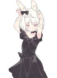  :d animal_ears arms_up black_bow black_dress blade_(galaxist) blush bow bracelet commentary_request cowboy_shot dot_nose dress female hairbow jewelry looking_at_viewer open_mouth pink_eyes pop-up_story rabbit_ears rabbit_girl rabbit_pose rabbit_tail ruri_ookami sash short_hair simple_background smile solo tail white_background white_hair 