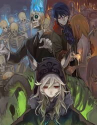  1boy 2girls animal_ears ascot candle cape commentary_request crystal earrings formal glasses glowing glowing_eyes hood jewelry knife long_hair multiple_girls nude pixiv_fantasia pixiv_fantasia_4 rabbit_ears red_eyes ririnra skeleton suit undead white_hair 