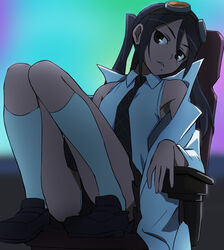  black_eyes black_hair chair female goggles goggles_on_head haruyama_kazunori kneehighs kyousougiga long_hair necktie panties professor_shouko socks solo twintails underwear white_panties 