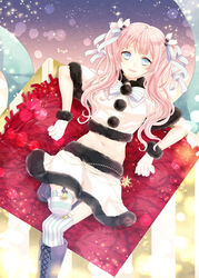  asaki_benio bell blue_eyes boots bow christmas commentary_request crop_top female fur_trim garter_straps gloves hair_ornament hair_ribbon hairbow holly holly_hair_ornament knee_boots lipstick long_hair looking_at_viewer makeup navel original pink_hair pink_lips ribbon santa_costume smile solo star_(symbol) starry_background striped_clothes striped_thighhighs thighhighs twintails white_santa_costume 