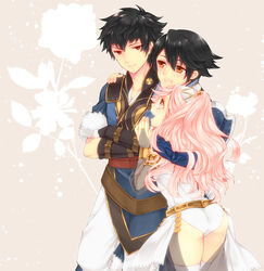  2boys :d alternate_eye_color arm_on_another&#039;s_shoulder ass black_hair braid bridal_gauntlets brown_eyes commentary_request crossed_arms detached_pants detached_sleeves elbow_gloves family father_and_son female fingernails fire_emblem fire_emblem_awakening flower from_behind gloves hair_between_eyes hairband hand_on_another&#039;s_shoulder happy height_difference inigo_(fire_emblem) japanese_clothes kisano_(otpr) lon&#039;qu_(fire_emblem) long_hair mother_and_son multiple_boys olivia_(fire_emblem) open_mouth pants pink_eyes pink_hair ponytail red_eyes silhouette smile wavy_hair 