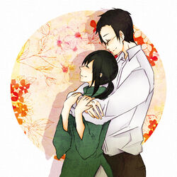  1boy axis_powers_hetalia bad_id bad_pixiv_id black_hair closed_eyes couple female glasses hug hug_from_behind llllvividllll long_hair photoshop_(medium) ponytail straight thailand_(hetalia) vietnam_(hetalia) vietnamese_clothes vietnamese_dress 