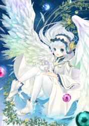  angel angel_wings blue_eyes buttons commentary_request creature dress eggshell fantasy feathered_wings feathers feline female floating_hair flower frilled_hairband frilled_sleeves frills hairband highres holding long_hair long_sleeves looking_at_viewer minimized mokona1107 necktie open_mouth orb original pantyhose plant shoes water white_dress white_footwear white_hair white_legwear white_wings wide_sleeves wings yellow_necktie 