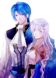  1boy blue_eyes blue_hair blush cape circlet commentary_request couple deirdre_(fire_emblem) dress female fire_emblem fire_emblem:_genealogy_of_the_holy_war highres husband_and_wife jewelry light_purple_hair long_hair purple_eyes purple_hair short_hair sigurd_(fire_emblem) smile straight takamura_ryou 