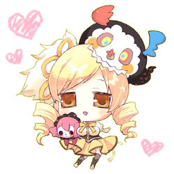  beret blonde_hair blush boots breasts charlotte_(madoka_magica) chibi commentary_request detached_sleeves drill_hair fangs female hair_ornament hat heart jitome long_hair magical_girl mahou_shoujo_madoka_magica mahou_shoujo_madoka_magica_(anime) mami_mogu_mogu medium_breasts monster multicolored_eyes puffy_sleeves ribbon striped_clothes striped_thighhighs stuffed_toy takamura_masaya thighhighs tomoe_mami tomoe_mami_(magical_girl) vertical-striped_clothes vertical-striped_thighhighs yellow_eyes 