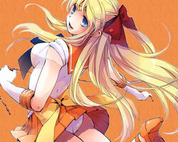  aino_minako ass back back_bow bad_id bad_pixiv_id bishoujo_senshi_sailor_moon blonde_hair blue_eyes bow chains choker commentary_request earrings elbow_gloves female from_behind gloves hairbow half_updo hidaka_ryou high_heels jewelry long_hair magical_girl open_mouth orange_background orange_sailor_collar orange_skirt panties photoshop_(medium) red_bow sailor_collar sailor_senshi_uniform sailor_venus shoes skirt solo super_sailor_venus tiara underwear white_gloves 