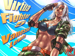  abs belt between_breasts breasts camouflage character_name copyright_name dark-skinned_female dark_skin dog_tags elbow_pads female fingerless_gloves gloves grey_eyes jacket large_breasts lips long_hair midriff narrow_waist navel nikuji-kun open_clothes open_jacket photoshop_(medium) salute silver_hair sleeves_rolled_up solo toned vanessa_lewis virtua_fighter virtua_fighter_5 