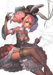  animal_ears bad_id bad_pixiv_id breasts bustier character_request claw_(weapon) cleavage detached_sleeves dress drill_hair female fishnet_thighhighs fishnets frilled_thighhighs frills garter_straps hat lace lace-trimmed_legwear lace_trim large_breasts latale legs lingerie photoshop_(medium) pink_hair rabbit_ears repi solo thighhighs thighs top_hat twin_drills twintails underwear weapon 