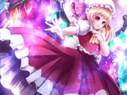  ascot blonde_hair commentary_request female flandre_scarlet hand_on_own_chest hat hat_ribbon long_skirt outstretched_arm outstretched_hand parted_lips red_eyes ribbon short_hair side_ponytail skirt skirt_set solo taka_(sanoujo358) touhou wings 