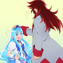  1boy ahoge angry blue_choker blue_eyes blue_hair blue_skirt blush brooch choker commentary_request cure_marine dress earrings embarrassed female flower hair_ornament hairpin hand_on_another&#039;s_head heart heart_brooch heartcatch_precure! height_difference jacket jewelry kumojacky kurumi_erika long_hair magical_girl messy_hair no_eyes precure red_hair ribbon satowo sidelocks simple_background skirt smile wrist_cuffs 