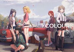  6+girls black_hair blonde_hair blue_eyes blue_hair blue_sky blunt_bangs brown_hair car casual chevrolet chevrolet_corvette chevrolet_corvette_c1 cloud commentary_request cup day green_eyes grey_hair hair_rings huanxiang_heitu indian_style jacket kunikida_hanamaru kurosawa_dia kurosawa_ruby long_hair looking_at_viewer love_live! love_live!_sunshine!! matsuura_kanan motor_vehicle multiple_girls ohara_mari outdoors ponytail purple_eyes red_hair sakurauchi_riko short_hair shorts sitting sky smile suitcase sunglasses suspenders takami_chika tsushima_yoshiko twintails volkswagen volkswagen_beetle watanabe_you yellow_eyes 