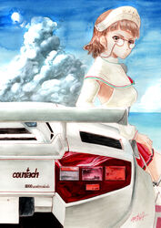  brown_eyes brown_hair capelet car cloud commentary_request day eyewear_strap female glasses highres kantai_collection lamborghini lamborghini_countach leaning_back millipen_(medium) motor_vehicle pince-nez roma_(kancolle) sky solo sports_car tesun_(g_noh) thighhighs traditional_media watercolor_pencil_(medium) 