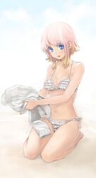  bad_id bad_pixiv_id bikini blue_eyes breasts female frills gathers highres medium_breasts multicolored_hair navel open_mouth original ririnra seiza side-tie_bikini_bottom sidelocks sitting solo swimsuit two-tone_hair white_bikini 