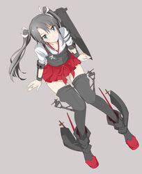  aqua_eyes bad_id bad_pixiv_id boots commentary_request female flight_deck from_above grey_background grey_hair hair_ribbon hakama hakama_short_skirt hakama_skirt highres japanese_clothes kantai_collection knees_together_feet_apart looking_at_viewer muneate pleated_skirt red_skirt ribbon simple_background sitting skirt solo suu2510 thigh_boots thighhighs twintails white_ribbon zuikaku_(kancolle) 