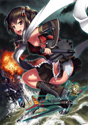  :d aircraft airplane armpits black_gloves black_skirt blush boots brown_eyes brown_hair commentary_request double_bun dutch_angle elbow_gloves explosion fairy_(kancolle) female fingerless_gloves gloves hair_bun hair_ornament highres holding holding_torpedo kantai_collection light_cruiser_oni long_hair long_sleeves looking_at_viewer looking_back night night_battle_idiot night_sky number10_(hagakure) ocean open_mouth panties pantyshot photoshop_(medium) pleated_skirt scarf school_uniform sendai_(kancolle) sendai_kai_ni_(kancolle) serafuku skirt sky smile squatting sweat tomonaga_squadron_pilot_(kancolle) tongue tongue_out torpedo two_side_up underwear white_scarf 