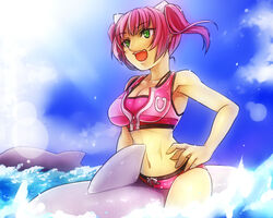  asashin_(kazami-tomo) bad_id bad_pixiv_id bikini blue_sky breasts cleavage day dolphin female green_eyes hair_ribbon hand_on_own_hip large_breasts lens_flare navel ocean oerba_yun_fang open_mouth pink_hair ribbon riding sky solo swimsuit tankini umi_monogatari unzipped urin_(umi_monogatari) 