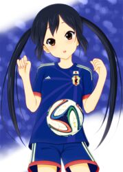  2014_fifa_world_cup absurdres adidas bad_id bad_pixiv_id black_hair brazuca brown_eyes female highres hiro9779 japan japanese_flag k-on! long_hair looking_at_viewer nakano_azusa open_mouth soccer soccer_uniform solo sportswear twintails world_cup 