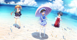  3girls boots garandou_sara hakama hakama_skirt hat highres island_(game) japanese_clothes kurutsu_karen kuuchuu_yousai long_hair miko multiple_girls ohara_rinne outdoors school_uniform short_hair skirt thigh_boots thighhighs twintails umbrella white_footwear white_legwear zettai_ryouiki 