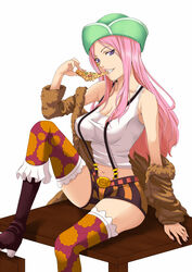  breasts cleavage eating female female food hat jewelry_bonney long_hair navel one_piece patterned_legwear pink_hair pizza sabaody_archipelago seven_(11) shorts sitting solo suspenders 