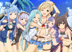  6+girls :d ;d ahoge aster_(granblue_fantasy) beach bikini black_bikini blonde_hair blue_eyes blue_hair blue_sky blunt_bangs blush breasts brown_eyes cleavage closed_mouth cloud cloudy_sky collarbone commentary_request crystal day detached_sleeves djeeta_(granblue_fantasy) djeeta_(summer)_(granblue_fantasy) erin_(granblue_fantasy) erune girl_sandwich gold_trim granblue_fantasy groin hand_under_clothes hug lily_(granblue_fantasy) long_hair looking_at_viewer lyria_(granblue_fantasy) medium_breasts midorinocha multiple_girls navel official_alternate_costume one-piece_swimsuit one_eye_closed open_mouth outdoors own_hands_together phoebe_(granblue_fantasy) pointy_ears purple_hair ribbon-trimmed_sleeves ribbon_trim sand sandwiched short_sleeves sky small_breasts smile swimsuit thigh_strap very_long_hair water yellow_eyes 