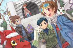  3boys :d akiyama_ryo bare_tree black_eyes blue_eyes blue_hair blush brown_hair claws closed_eyes coat commentary_request creature crossed_arms culumon denim detached_sleeves digimon digimon_(creature) digimon_tamers digital_hazard female goggles goggles_on_head green_eyes grey_eyes guilmon hat impmon jacket jeans lee_jianliang makino_ruki matsuda_takato monodramon monster multiple_boys open_mouth pants photoshop_(medium) poncho ponytail purple_eyes red_eyes renamon santa_hat scarf short_hair shye smile snow sweater terriermon tree yellow_eyes 