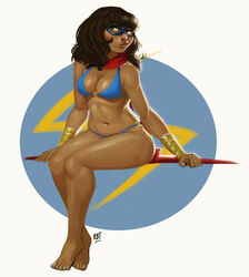  barefoot bikini blue_bikini bracelet breasts brown_hair cleavage dark_skin domino_mask female full_body green_eyes highres jewelry kamala_khan lips long_hair marvel mask ms._marvel navel nose redblacktac scarf sitting solo swimsuit toes 