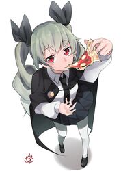  absurdres anchovy_(girls_und_panzer) anzio_school_uniform artist_name bad_id bad_pixiv_id black_cape black_footwear black_necktie black_ribbon black_skirt cape commentary_request dress_shirt drill_hair eating female food from_above full_body girls_und_panzer gochiwa green_hair hair_ribbon highres holding holding_food loafers long_hair long_sleeves looking_at_viewer looking_up margherita_pizza miniskirt necktie pantyhose pizza pleated_skirt red_eyes ribbon school_uniform shirt shoes signature simple_background skirt solo standing twin_drills twintails white_background white_pantyhose white_shirt 