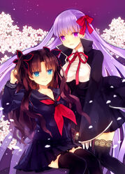  2girls bad_id bad_pixiv_id bb_(fate) bb_(fate/extra) black_thighhighs blue_eyes brown_hair fate/extra fate/extra_ccc fate_(series) hair_ribbon lace lace-trimmed_legwear lace_trim long_hair multiple_girls purple_eyes purple_hair ribbon school_uniform serafuku thighhighs tohsaka_rin tohsaka_rin_(fate/extra) toriatte two_side_up very_long_hair 