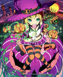  bad_id bad_pixiv_id blonde_hair candy commentary_request dated female food gloves green_eyes hat jack-o&#039;-lantern kyousin lollipop lord_of_knights midriff official_art orange_pantyhose pantyhose photoshop_(medium) pumpkin shoes short_hair sitting solo striped_clothes striped_pantyhose sunset unworn_shoes white_gloves witch_hat 