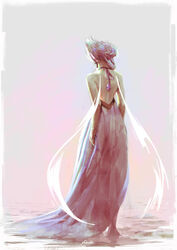  back backless_dress backless_outfit barefoot beach blue_dress blue_hair blue_ribbon blue_skin bow cassio_yoshiyaki colored_skin commentary dress english_commentary female from_behind full_body gem halterneck lapis_lazuli_(gemstone) lapis_lazuli_(steven_universe) long_dress looking_away looking_to_the_side outdoors photoshop_(medium) ribbon short_hair signature sleeveless solo standing steven_universe wings 