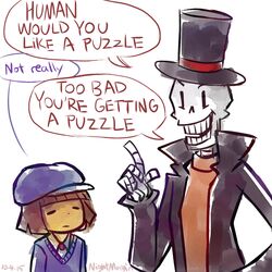  1:1 ambiguous_gender animated_skeleton bone brown_hair closed_eyes clothed clothing crossover duo english_text frisk_(undertale) hair hat headgear headwear human level-5 looking_down luke_triton male mammal nightmargin not_furry papyrus_(undertale) professor_layton professor_layton_(series) short_hair simple_background skeleton text top_hat undead undertale undertale_(series) white_background 