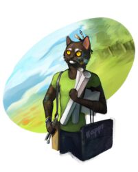  5_fingers alpha_channel anthro bag brown_body brown_fur brush brush_behind_ear clipboard clothed clothing day dual_holding felid fingers fully_clothed fur happy-cat hi_res holding_brush holding_clipboard holding_object holding_paintbrush holding_paper male mammal object_behind_ear outside paint paintbrush paintbrush_behind_ear paper pupils rolled_paper shirt sky slit_pupils smile solo stripes t-shirt topwear whiskers white_body white_fur yellow_eyes 