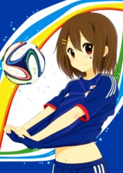  2014_fifa_world_cup absurdres bad_id bad_pixiv_id blush brazuca brown_eyes brown_hair female highres hirasawa_yui hiro9779 japan japanese_flag k-on! looking_at_viewer navel short_hair smile soccer solo world_cup 