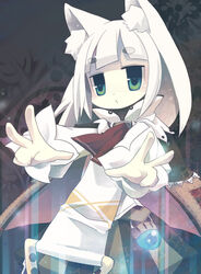  7th_dragon 7th_dragon_(series) animal_ears cape cat_ears commentary_request eyebrows female green_eyes hands ikurakun_(7th_dragon) mage_(7th_dragon) solo white_hair yuzuki_gao 