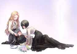  4girls black_hair black_legwear black_skirt blonde_hair blush bob_cut closed_eyes commentary crying crying_with_eyes_open cuddling eye_contact face-to-face flower flowers_(innocent_grey) grey_hair hair_flower hair_ornament hand_in_own_hair hand_on_another&#039;s_cheek hand_on_another&#039;s_face hand_on_another&#039;s_head hug irua komikado_nerine lap_pillow long_hair looking_at_another lying multiple_girls no_shoes one_eye_closed one_side_up open_mouth pantyhose pleated_skirt ribbon sasaki_ichigo sasaki_ringo school_uniform seiza short_hair siblings simple_background sisters sitting skirt sleeping sleeping_on_person smile tears translated twins twintails wavy_hair yatsushiro_yuzuriha yuri 