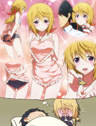  1boy apron blonde_hair blush charlotte_dunois chibi commentary_request feeding female female_pervert flying_sweatdrops highres imagining incoming_food infinite_stratos jewelry kanna_asuke long_hair nearly_naked_apron necklace orimura_ichika pervert ponytail purple_eyes short_hair short_shorts shorts sleeping smile track_suit translated 