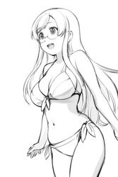  bikini breasts cleavage commentary_request female futsuu_no_joshikousei_ga_locodol_yattemita glasses greyscale kohinata_yukari large_breasts long_hair monochrome open_mouth side-tie_bikini_bottom solo standing swimsuit ueyama_michirou very_long_hair 